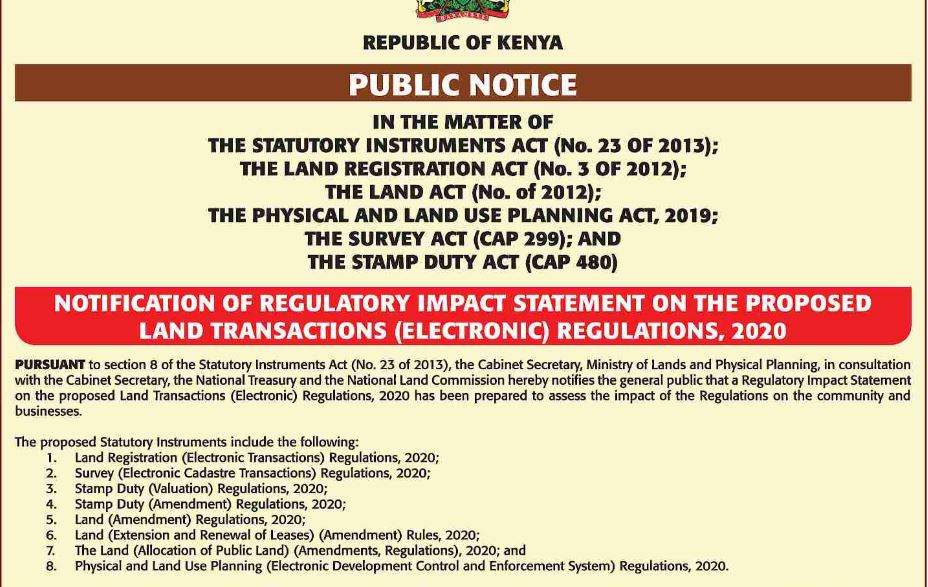 NOTIFICATION OF REGULATORY IMPACT STATEMENT Karanja Njenga Advocates